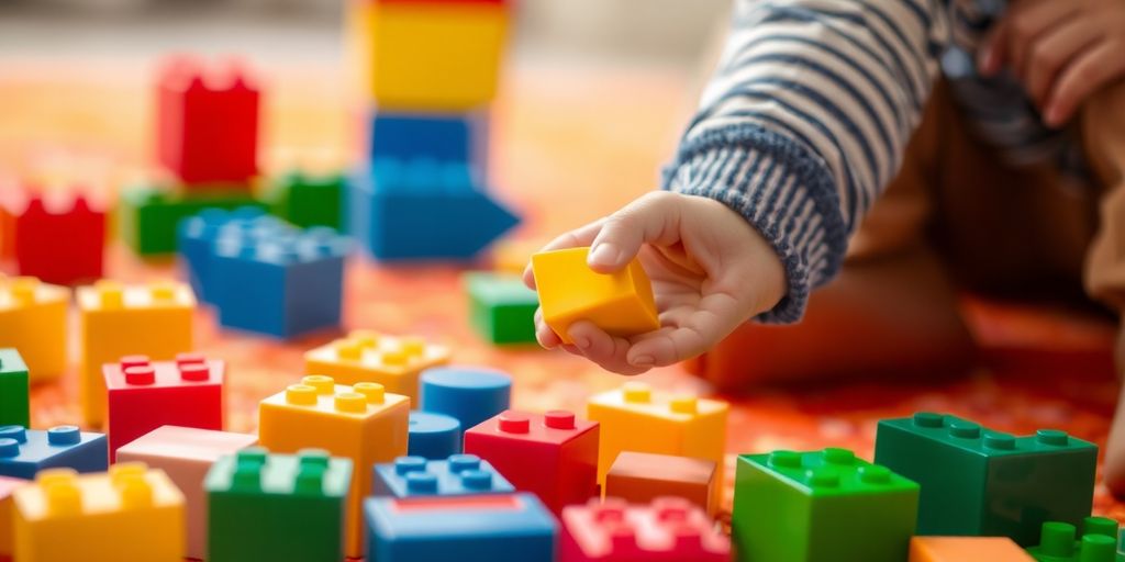 Colorful blocks, child's hand, teacher's hand.