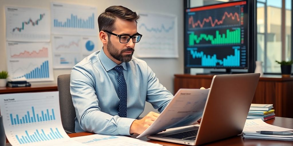 Investment manager reviewing financial data in an office.