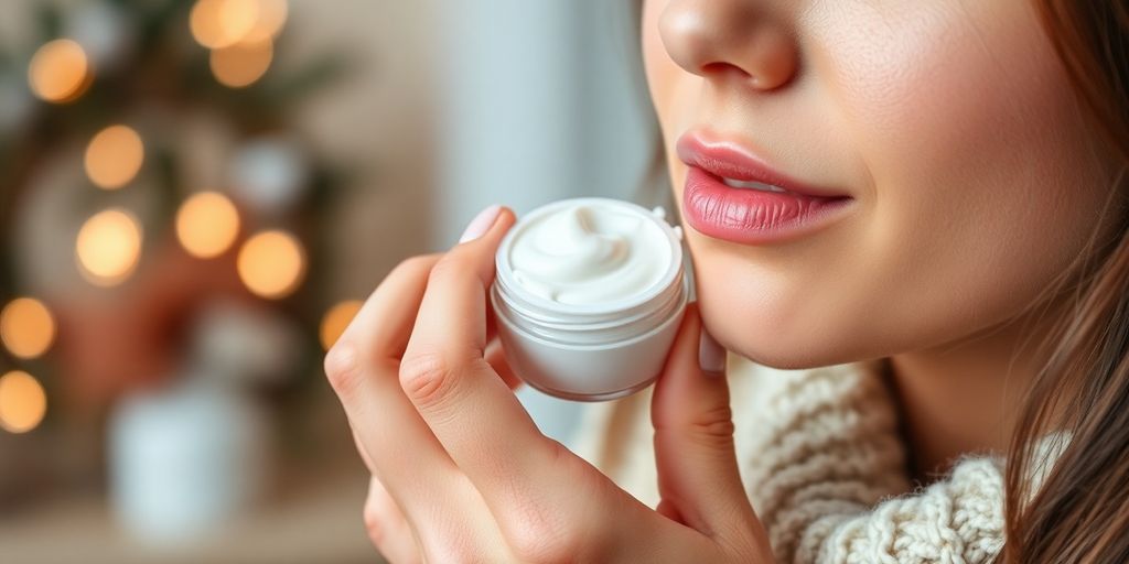 Woman applying moisturizer to dry winter skin.