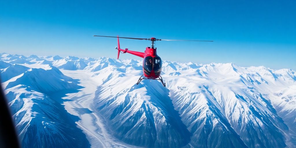 A helicopter flies over majestic, snow-covered Alaskan mountain peaks.