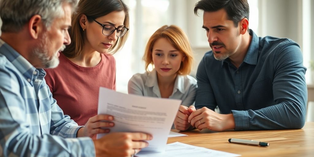 Family discussing home insurance at kitchen table.