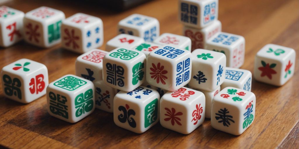 A set of cute and colorful mahjong tiles with playful designs, arranged on a wooden table.