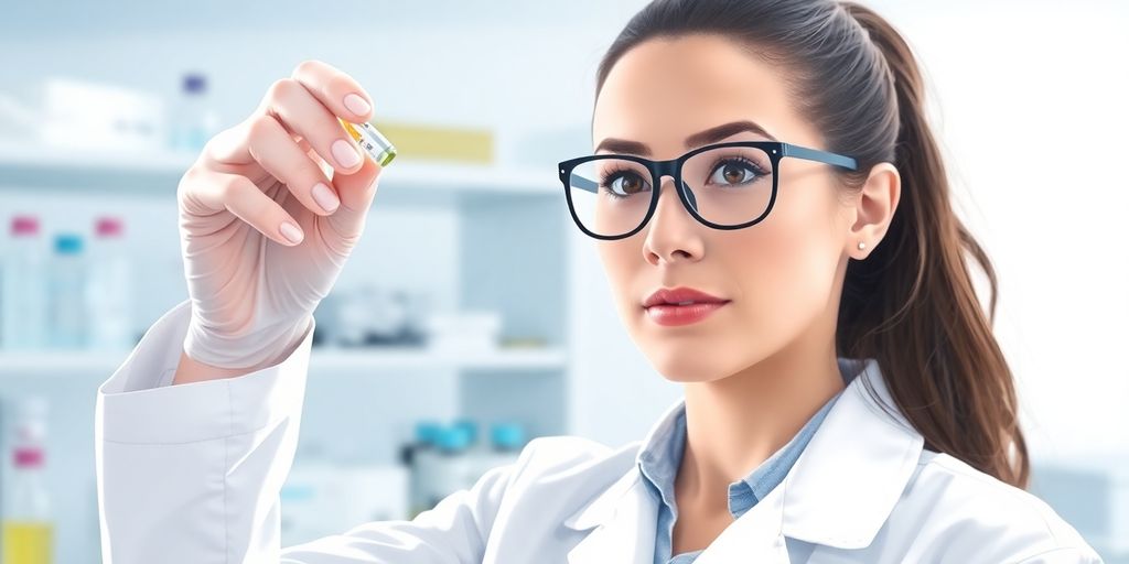 Scientist in lab coat examining sample.