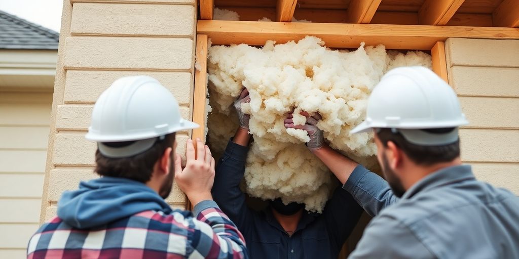 Construction workers installing insulation in a home.