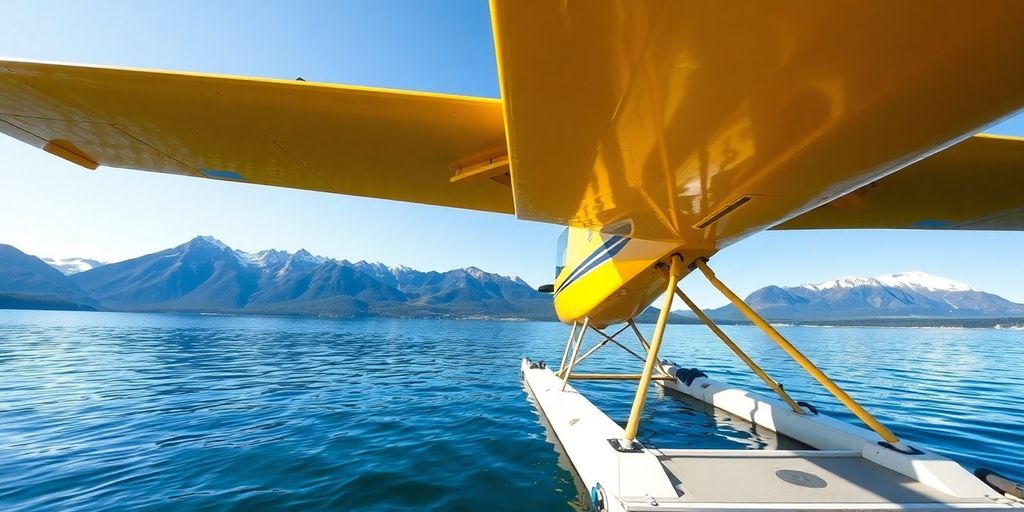 A floatplane on a lake with Alaskan mountains behind it.