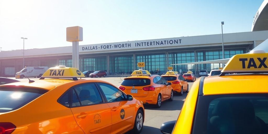 Taxi parked at Dallas-Fort Worth airport terminal.