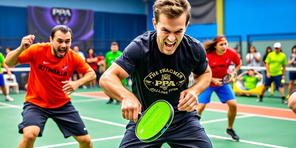 Professional pickleball players in action during a match.