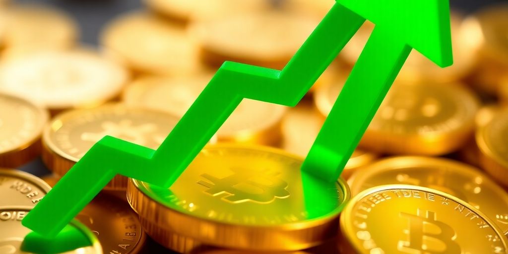 Golden coins and a growing upward arrow.