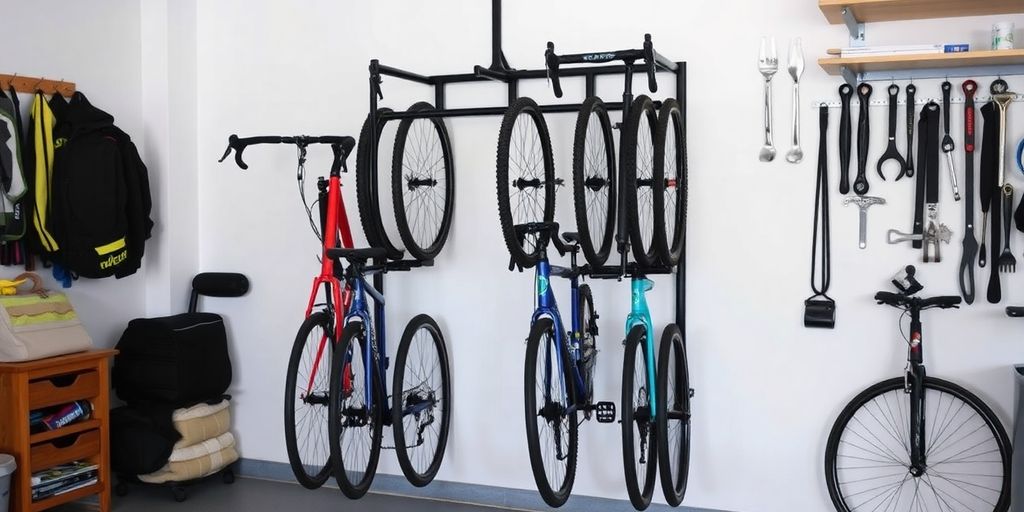 Organized garage with a stylish bike rack for bikes.