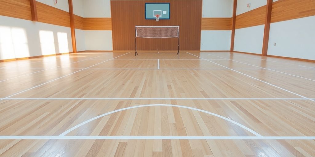 Wooden sports hall floor, badminton, basketball lines