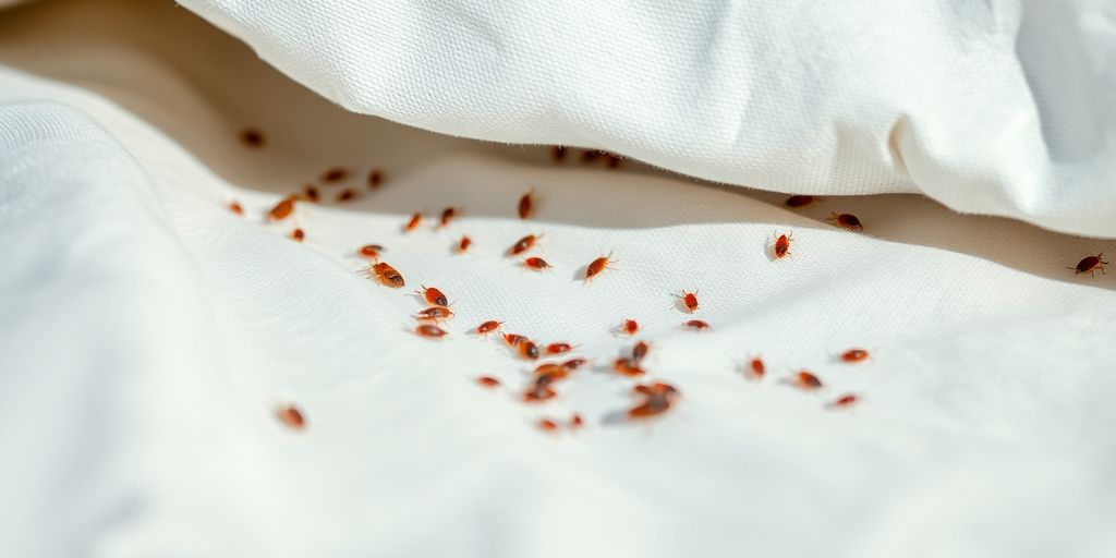 Close-up of bed bugs on fabric surface.