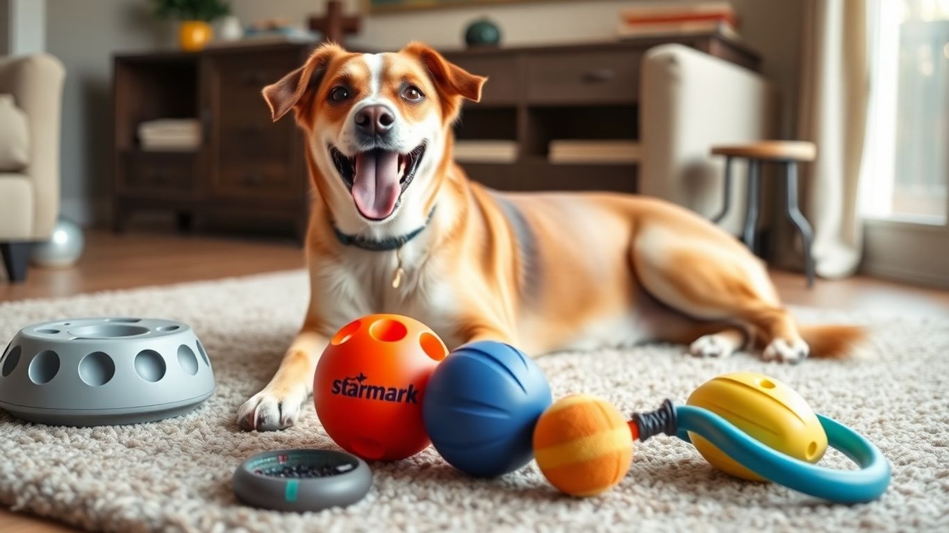 Dog plays with Starmark toy; other colorful toys on rug.