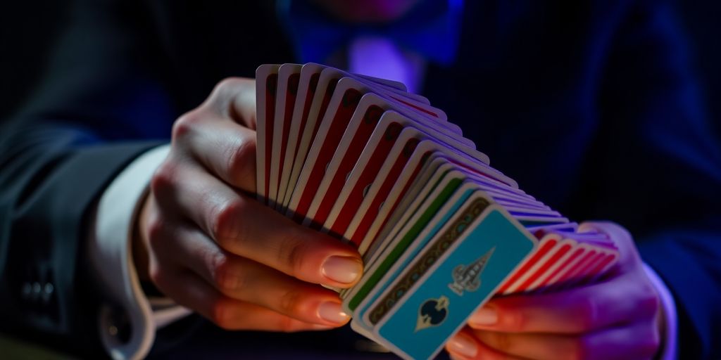 Magician's hands performing a card trick with vibrant cards.
