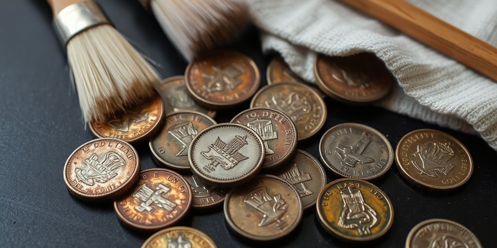 Close-up of antique coins with cleaning tools.