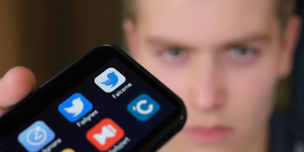 Smartphone with social media icons and a concerned person.