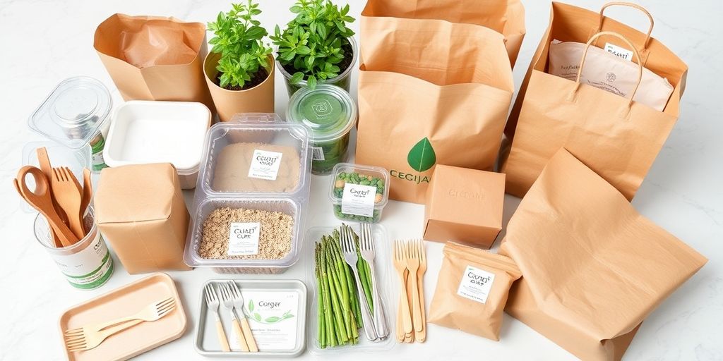 Restaurant food containers made from compostable materials.