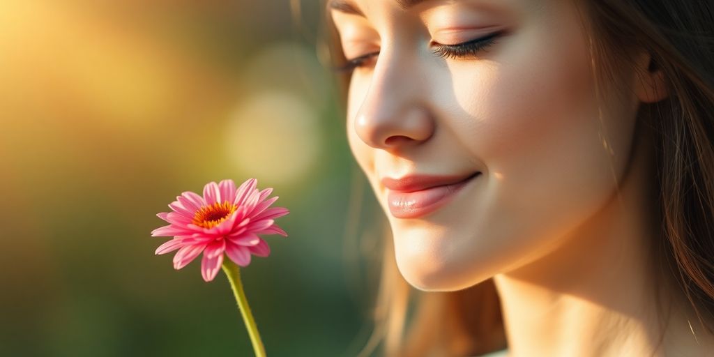 Person smiling while holding a blooming flower.