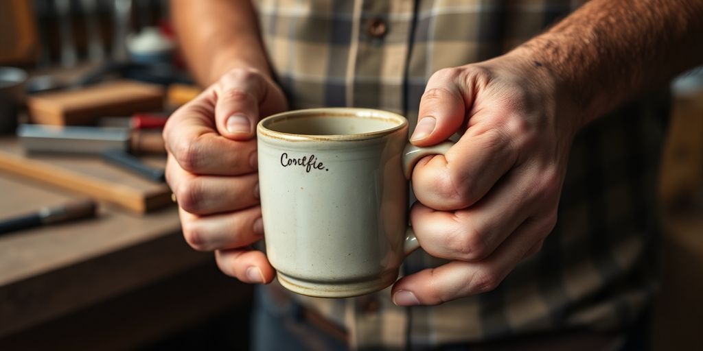 Man holding a personalized coffee mug.