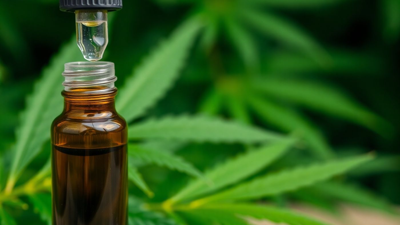 CBD oil dropper with hemp leaves background.