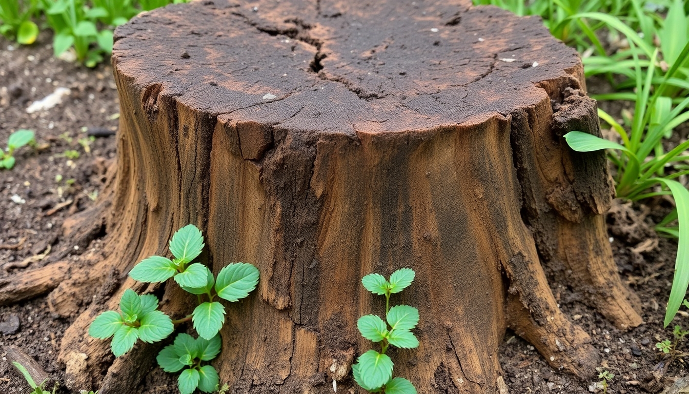 Close-up of a decayed tree stump in a garden.