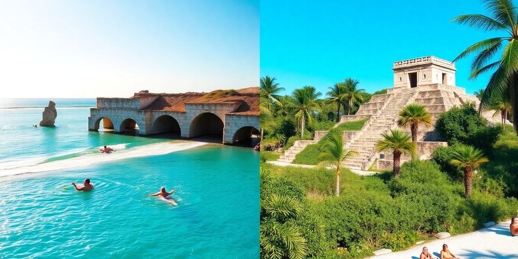 Tourists enjoying beautiful beaches and historic ruins