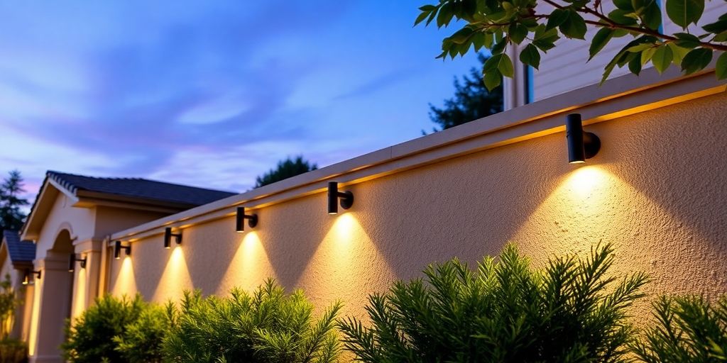 Illuminated exterior wall with stylish lighting fixtures.