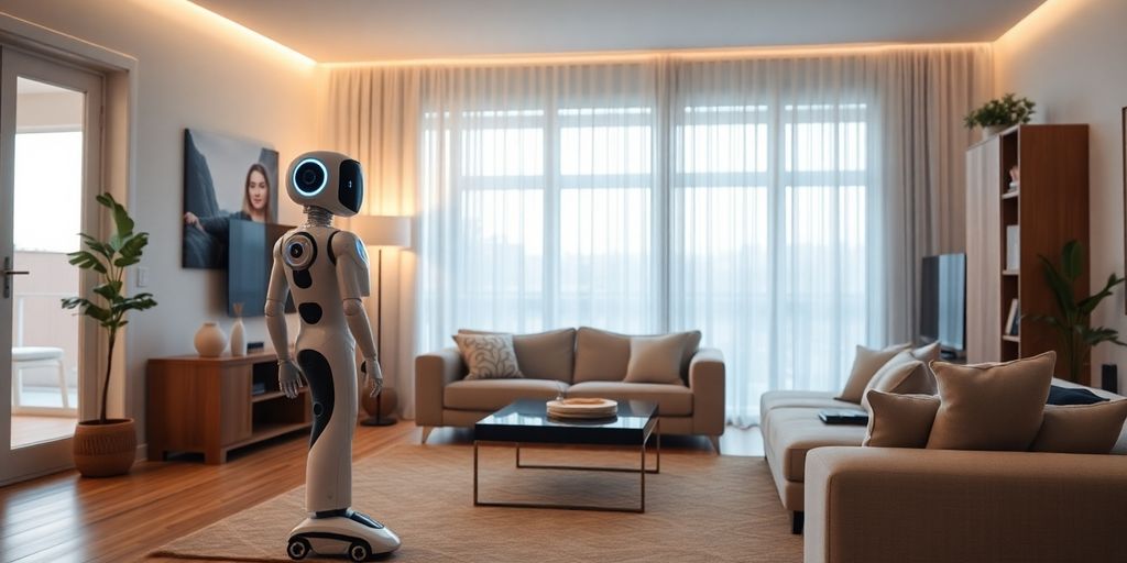 Casa moderna com robô auxiliando em tarefas domésticas.