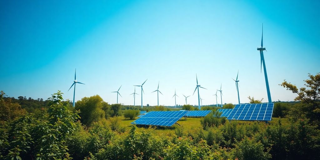 Renewable energy landscape with wind turbines and solar panels.