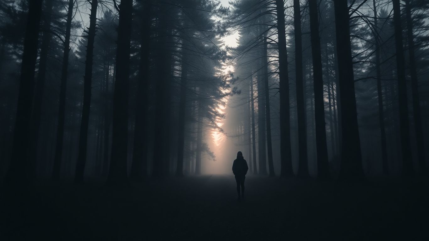 Person alone on forest path in soft morning light.