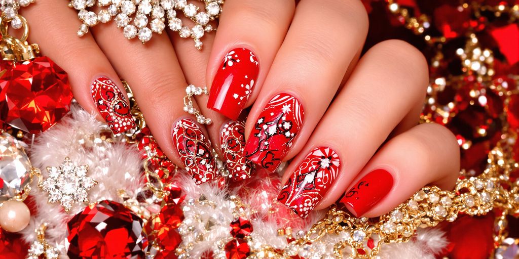 Unhas vermelhas decoradas com padrões ousados e elegantes.