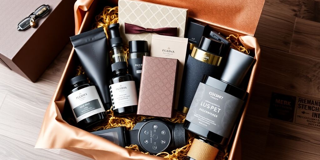Elegant gift box with men's essentials and luxury items.