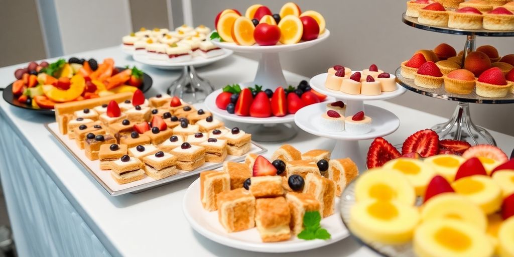 ขนมจัดเรียงสวยงามบนโต๊ะสำหรับเบรค