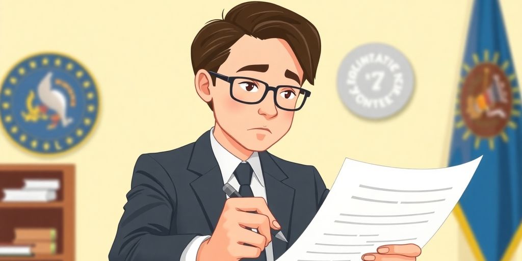 Manager reviews contract, official setting. Illustrative.