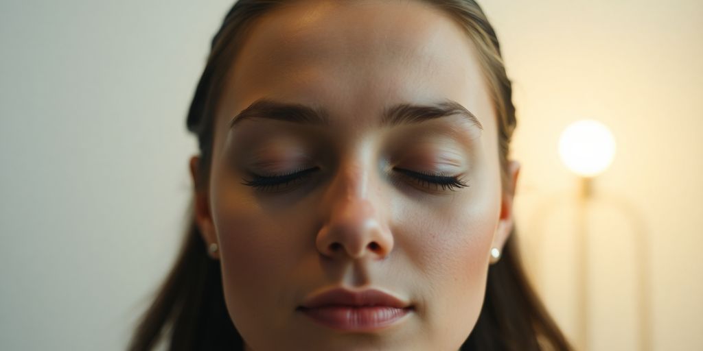 Person meditating peacefully, brain in thought, calm
