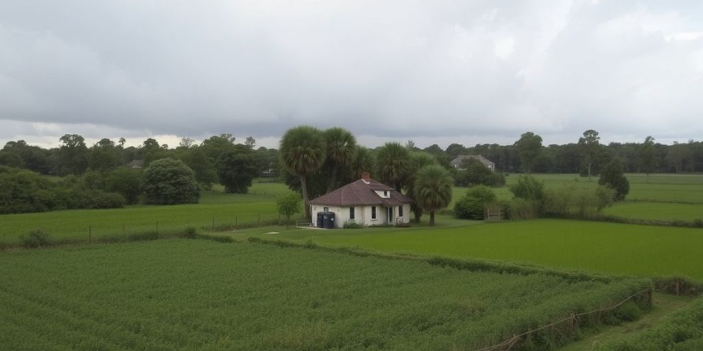 Rural home with stormy clouds and greenery.