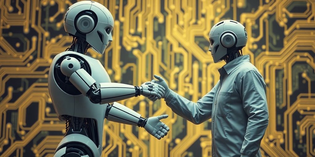 Un robot et un humain se serrant la main.