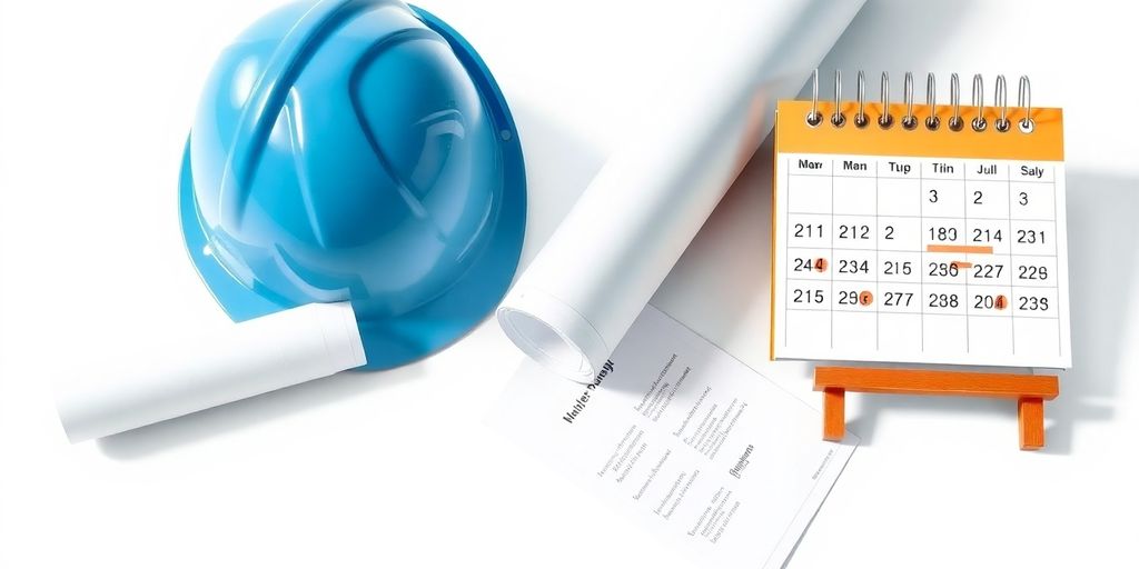 Calendar, blueprint, and hard hat
