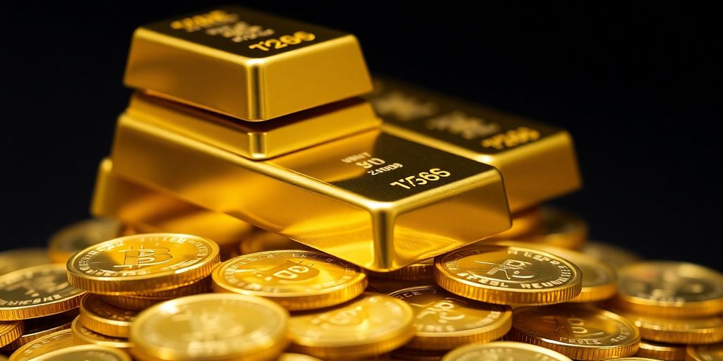 Lingots d'or brillants empilés sur des pièces en or.