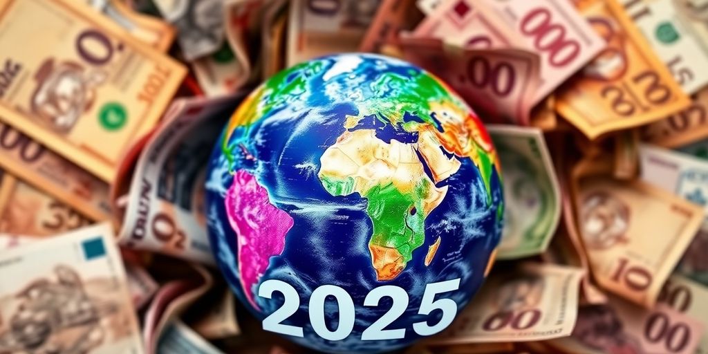 Globo rodeado de diferentes notas de moedas.