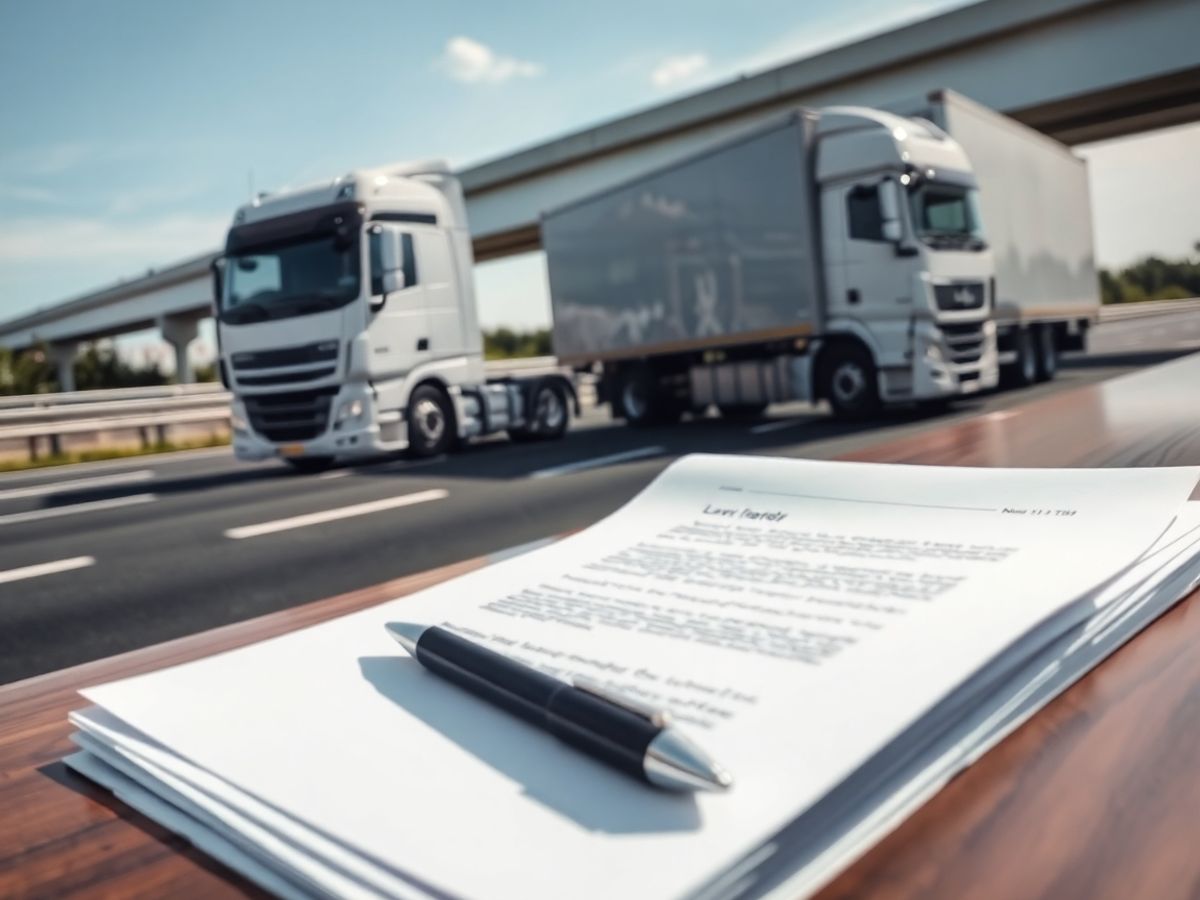 Camion pe șosea, alături de documente juridice.