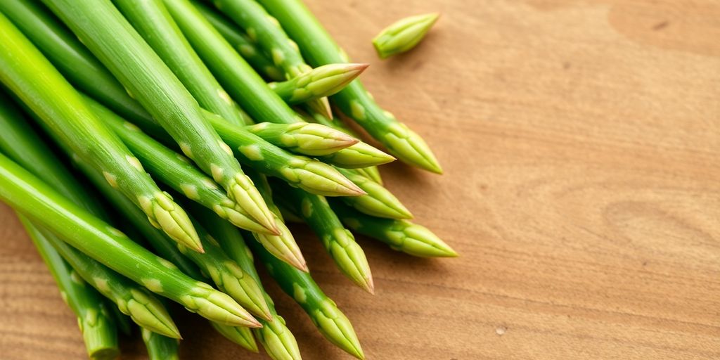 Fresh asparagus spears on a rustic wooden surface.