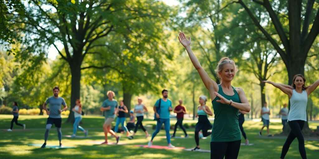 People exercising outdoors in a peaceful park setting.