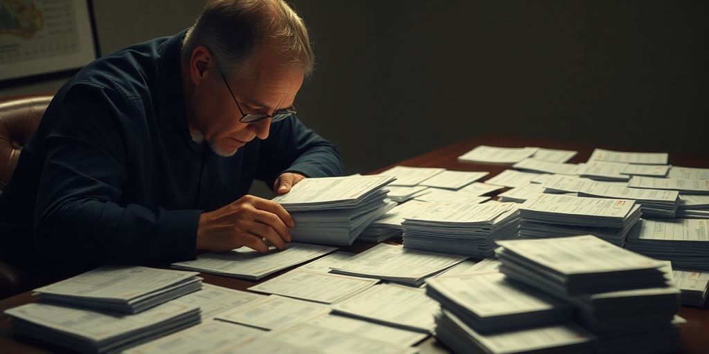 Sports bettor analyzing paper records with focus.