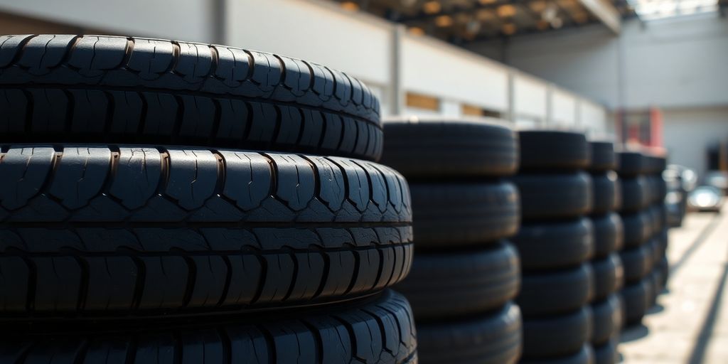 Stack of used tires with sunlight