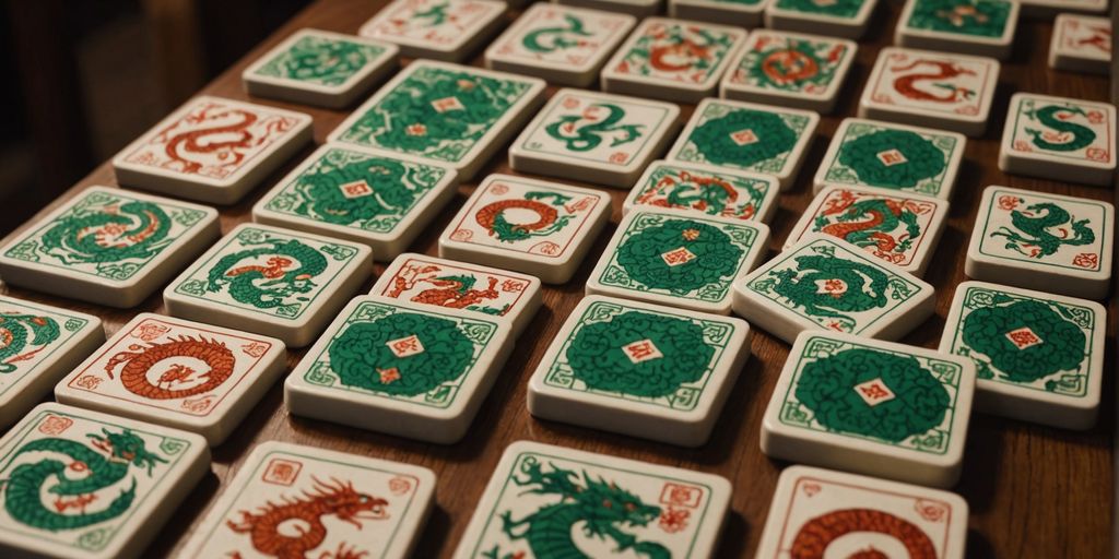 Close-up of Mahjong dragon tiles on a table.