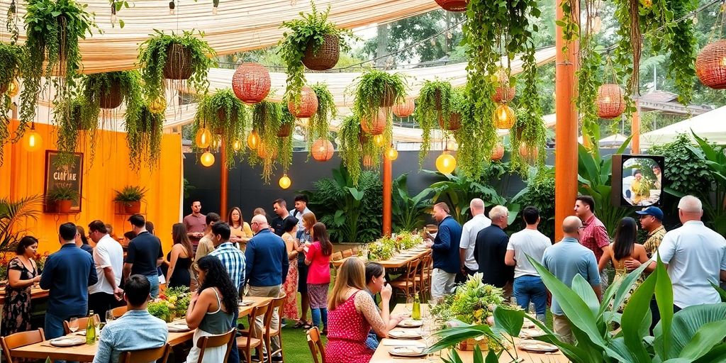 Nachhaltige Eventplanung mit grünen Elementen und Gästen.