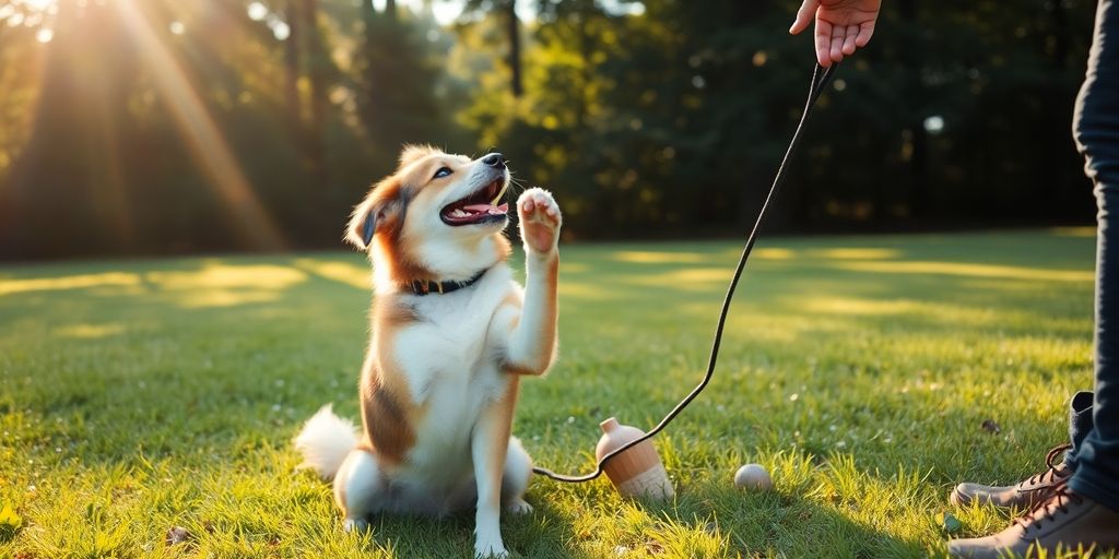 Dog shaking hands with a person on grass.