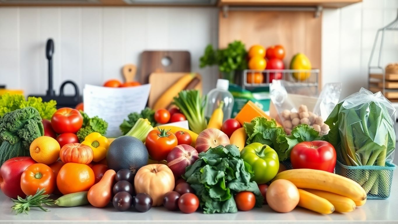 Colorful produce and groceries on a kitchen counter.