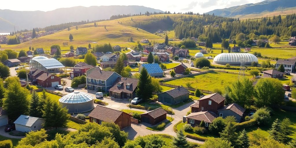 Village illuminé par des installations géothermiques modernes sous un ciel bleu.