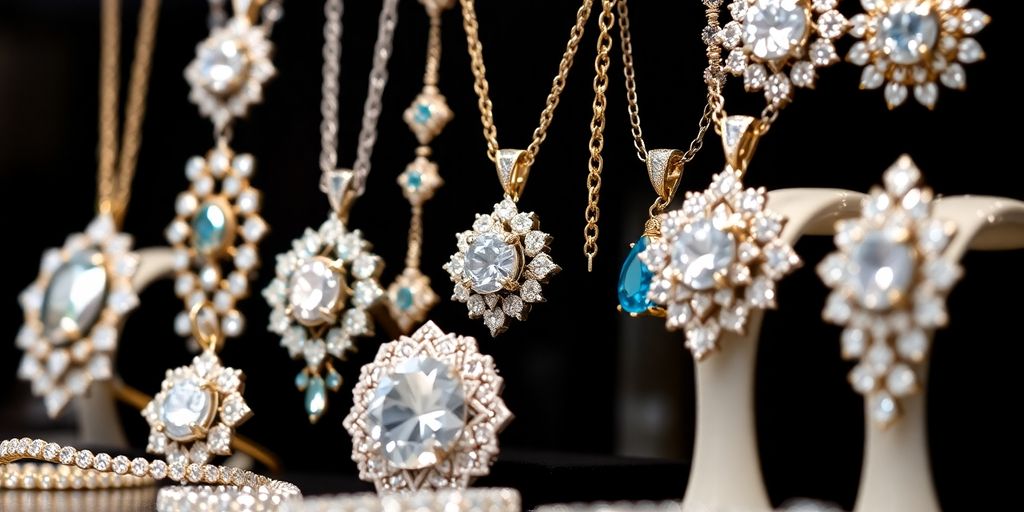 Bijoux variés exposés avec élégance et brillance.